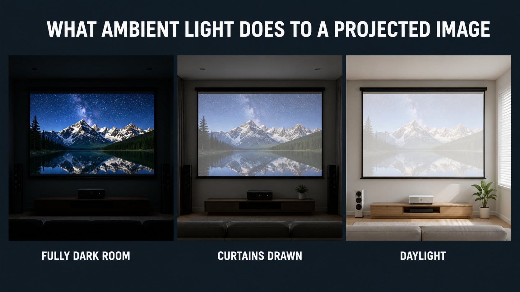 Three panels showing a projected image becoming washed out as room light increases