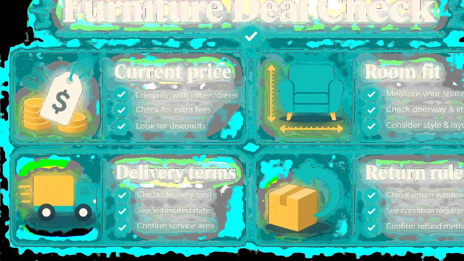 Graphic showing four checks before buying furniture deals