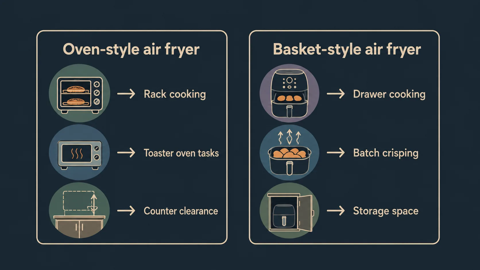Diagram comparing oven-style and basket-style air fryers