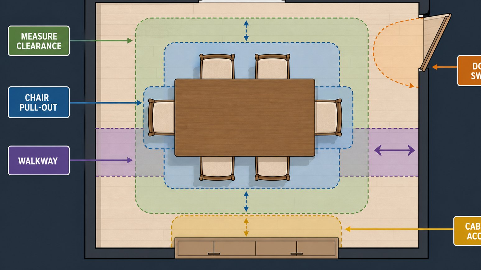 Diagram explaining clearance around a dining table set
