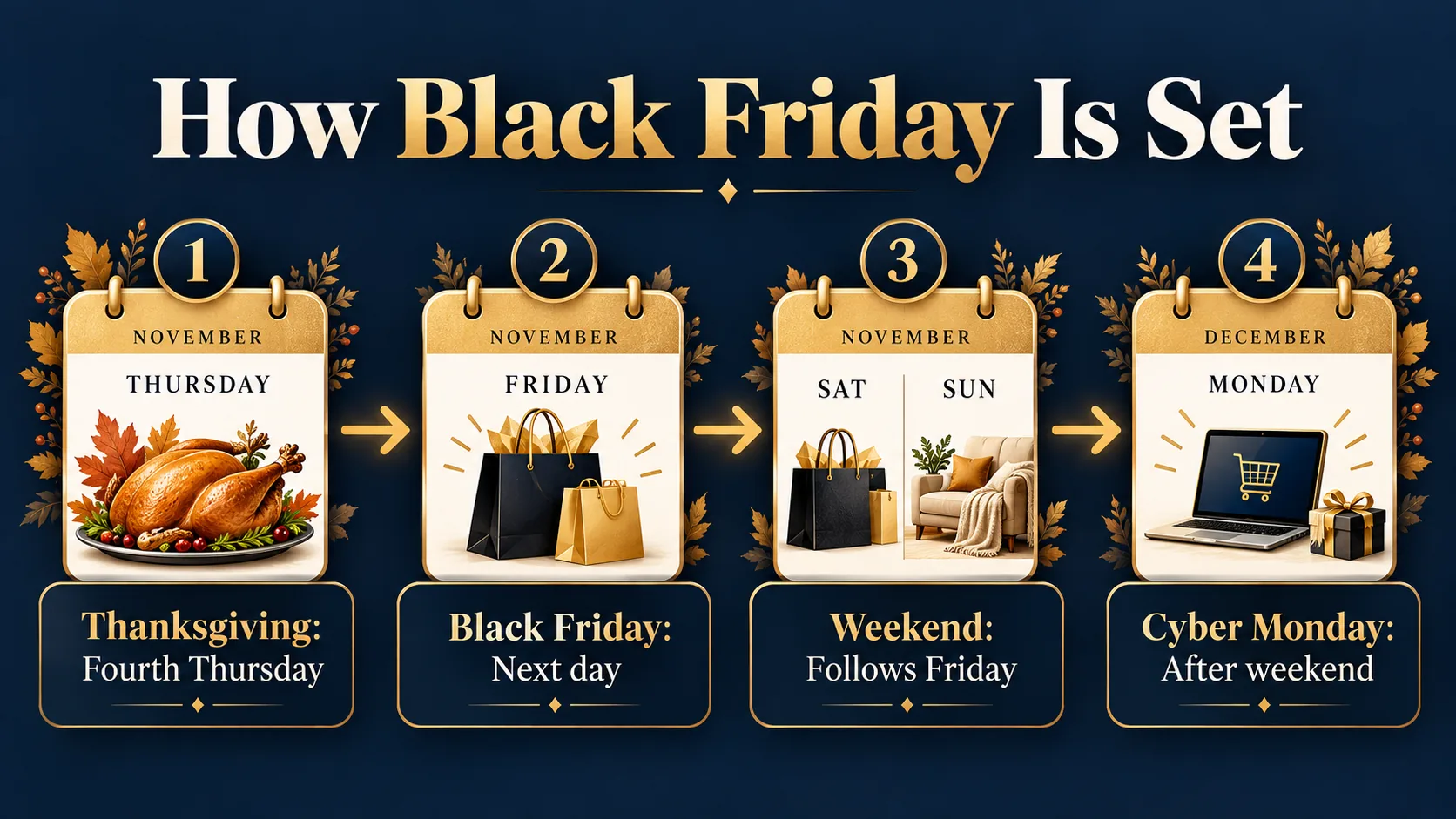 Calendar sequence showing Thanksgiving, Black Friday, weekend, and Cyber Monday