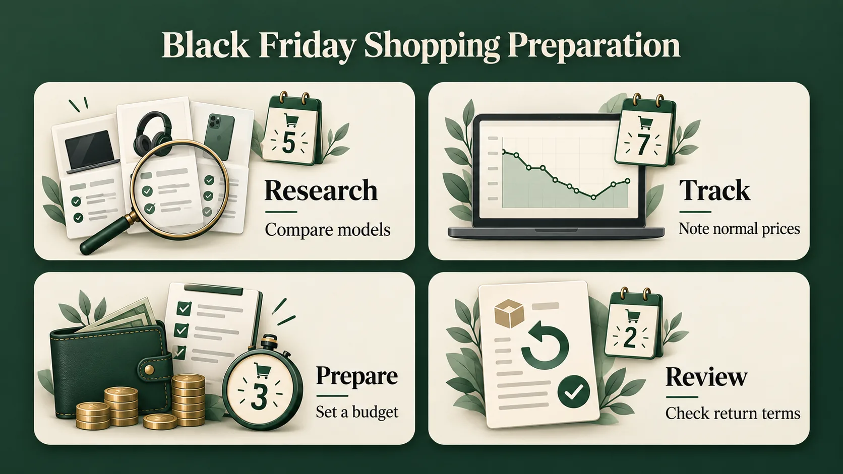 Four cards showing Black Friday shopping preparation tasks