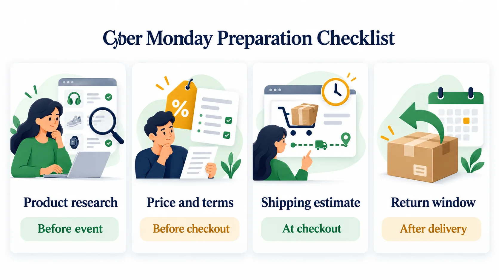 Checklist comparing when shoppers should complete Cyber Monday preparation tasks