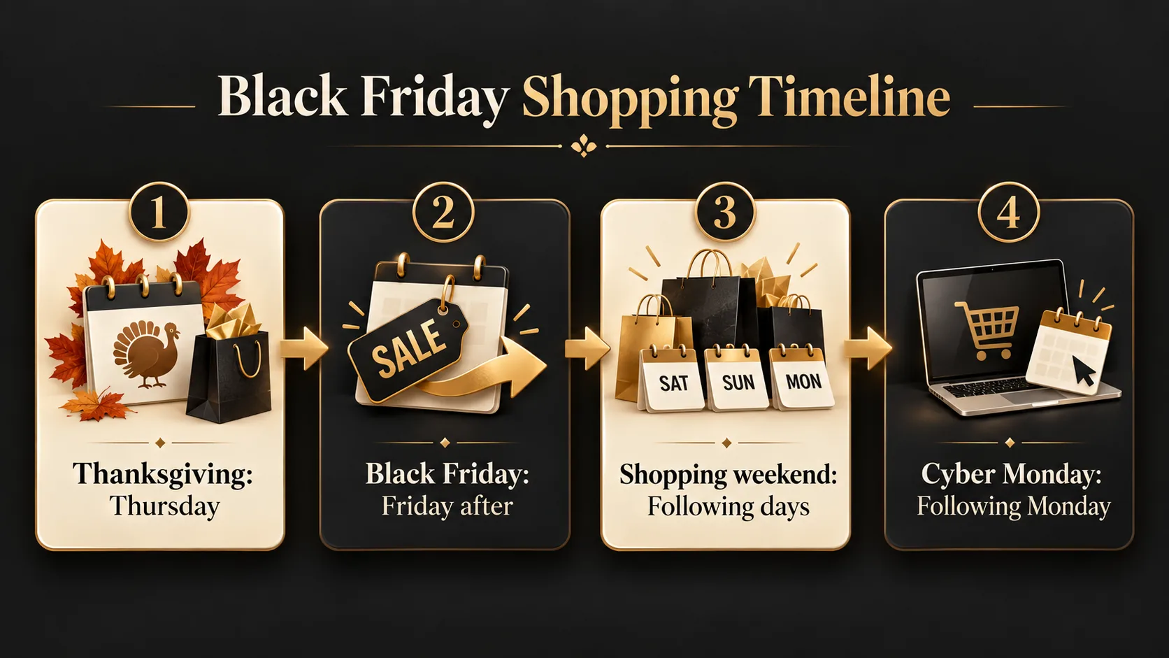 Timeline showing Thanksgiving, Black Friday, shopping weekend, and Cyber Monday