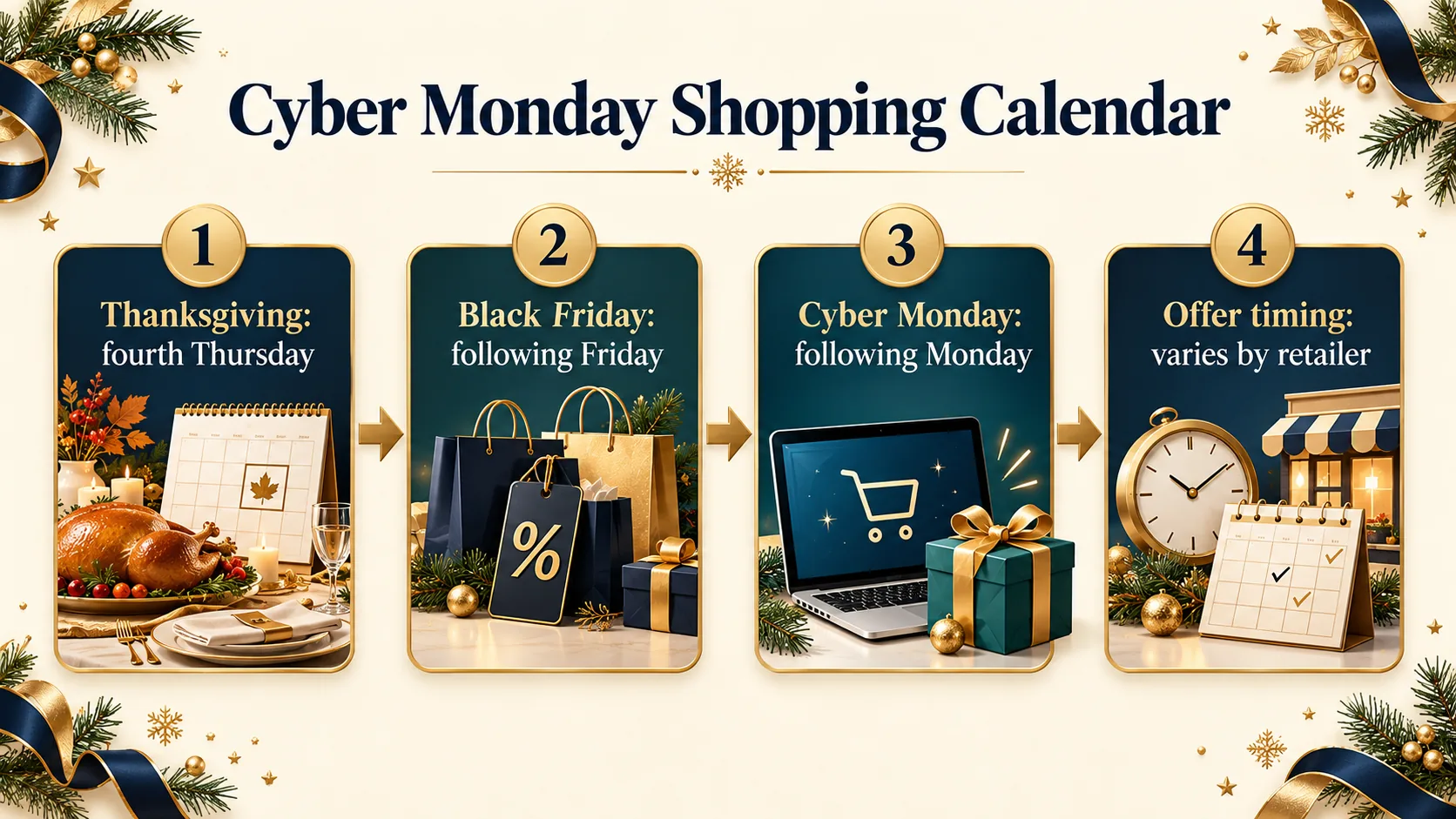 Calendar sequence showing Thanksgiving, Black Friday, and Cyber Monday timing