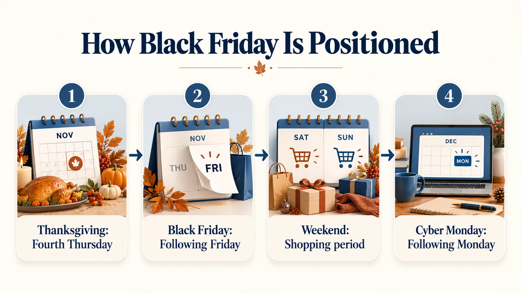 Calendar sequence showing Thanksgiving followed by Black Friday and Cyber Monday