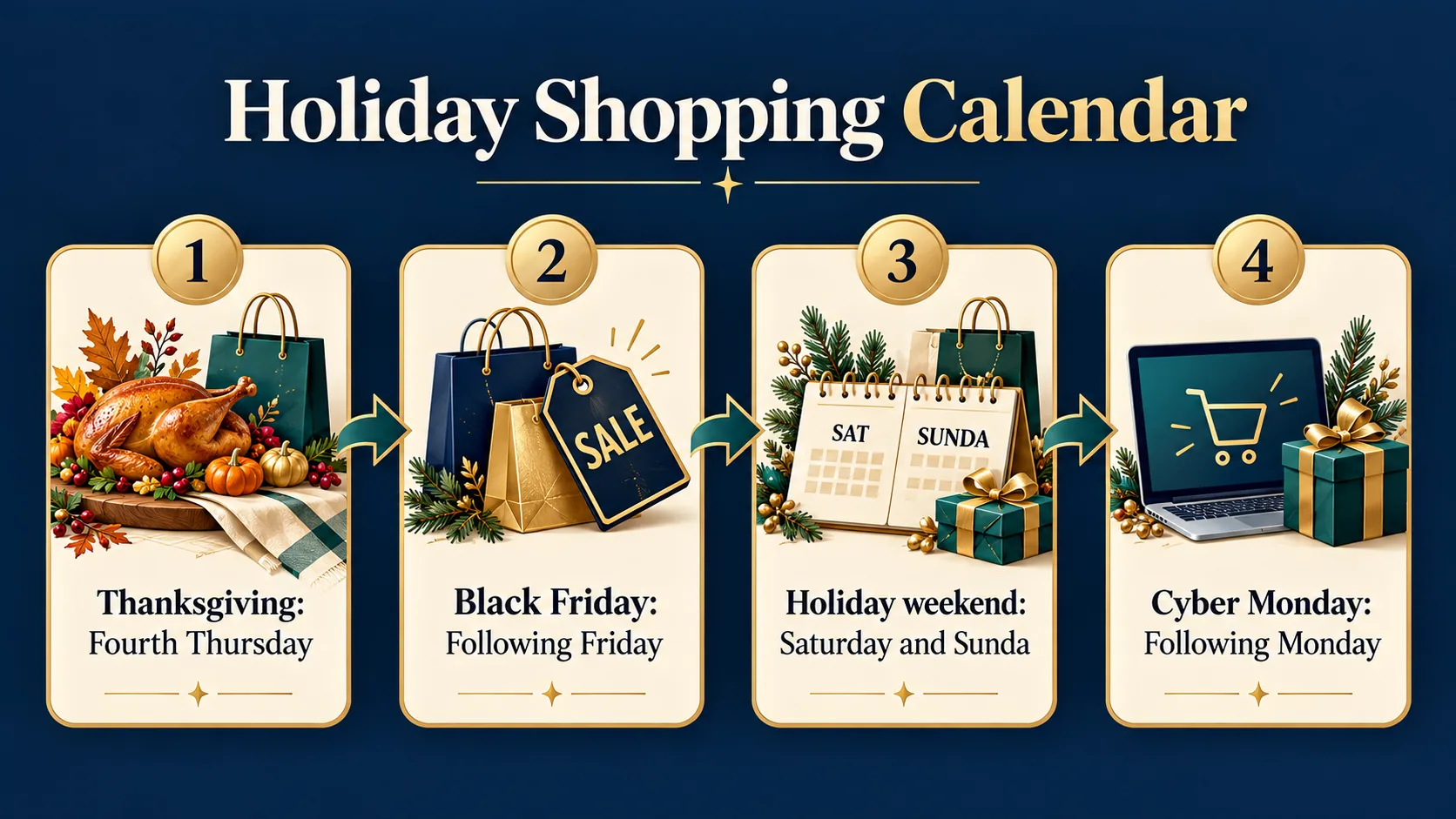Calendar sequence showing Thanksgiving through Cyber Monday shopping days