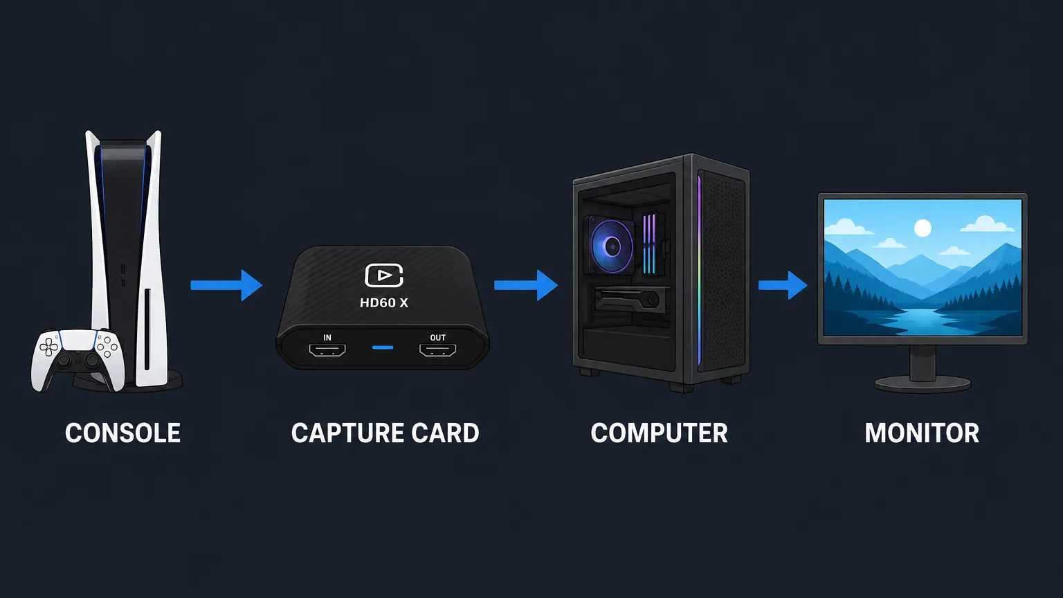 Diagram showing the connection flow between console, capture card, computer, and monitor.
