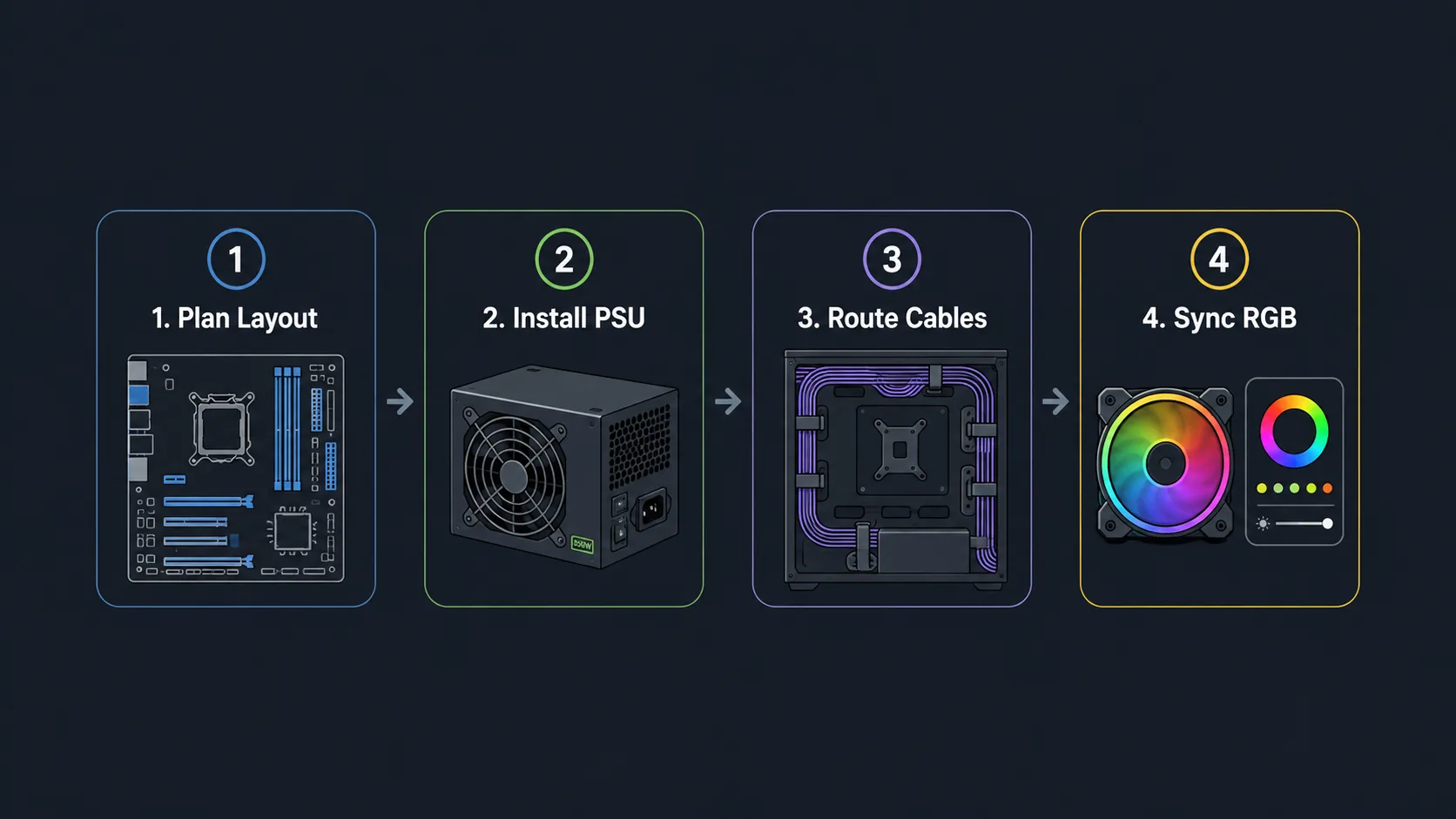 Checklist infographic for essential steps in building a custom PC.
