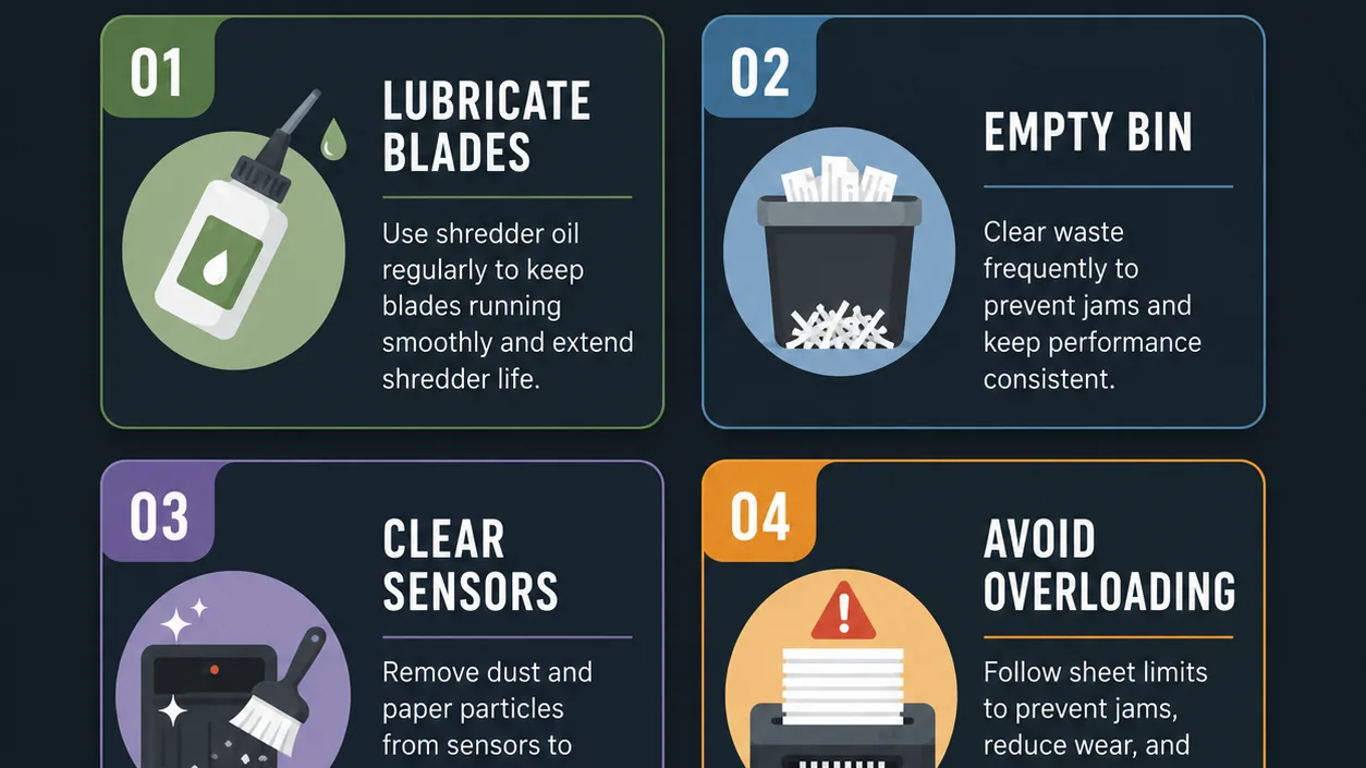 Checklist showing how to maintain a paper shredder correctly.