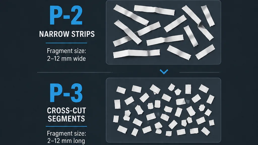 Graphic comparing paper shredder security levels from P-1 to P-4.