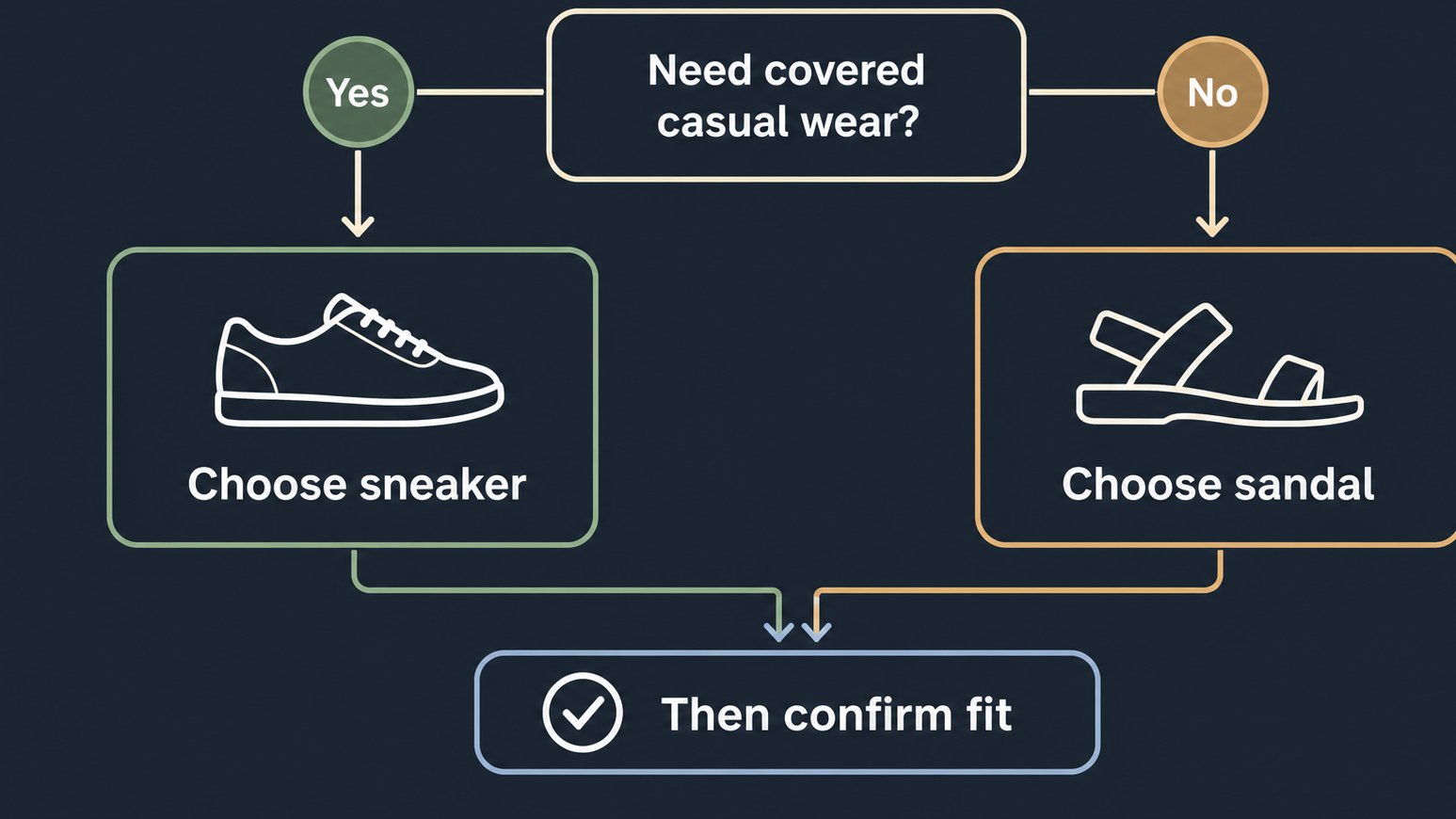 Decision graphic comparing sneaker and sandal use cases
