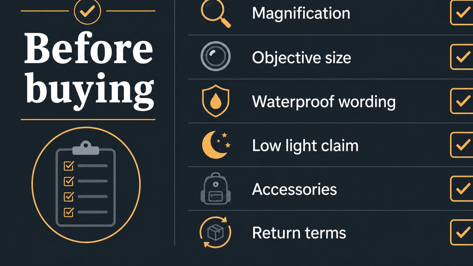 Checklist of binocular features to verify before buying
