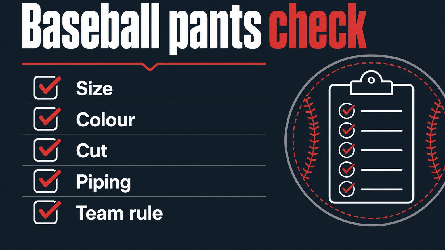 Checklist graphic for buying baseball pants in correct size