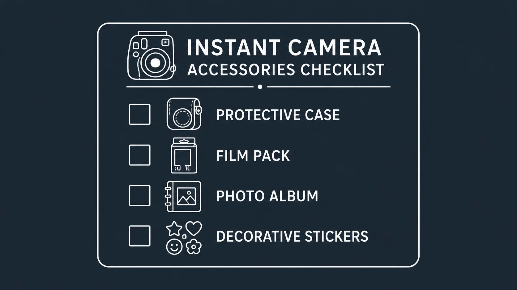 A checklist showing essential accessories for an instant photography bundle.