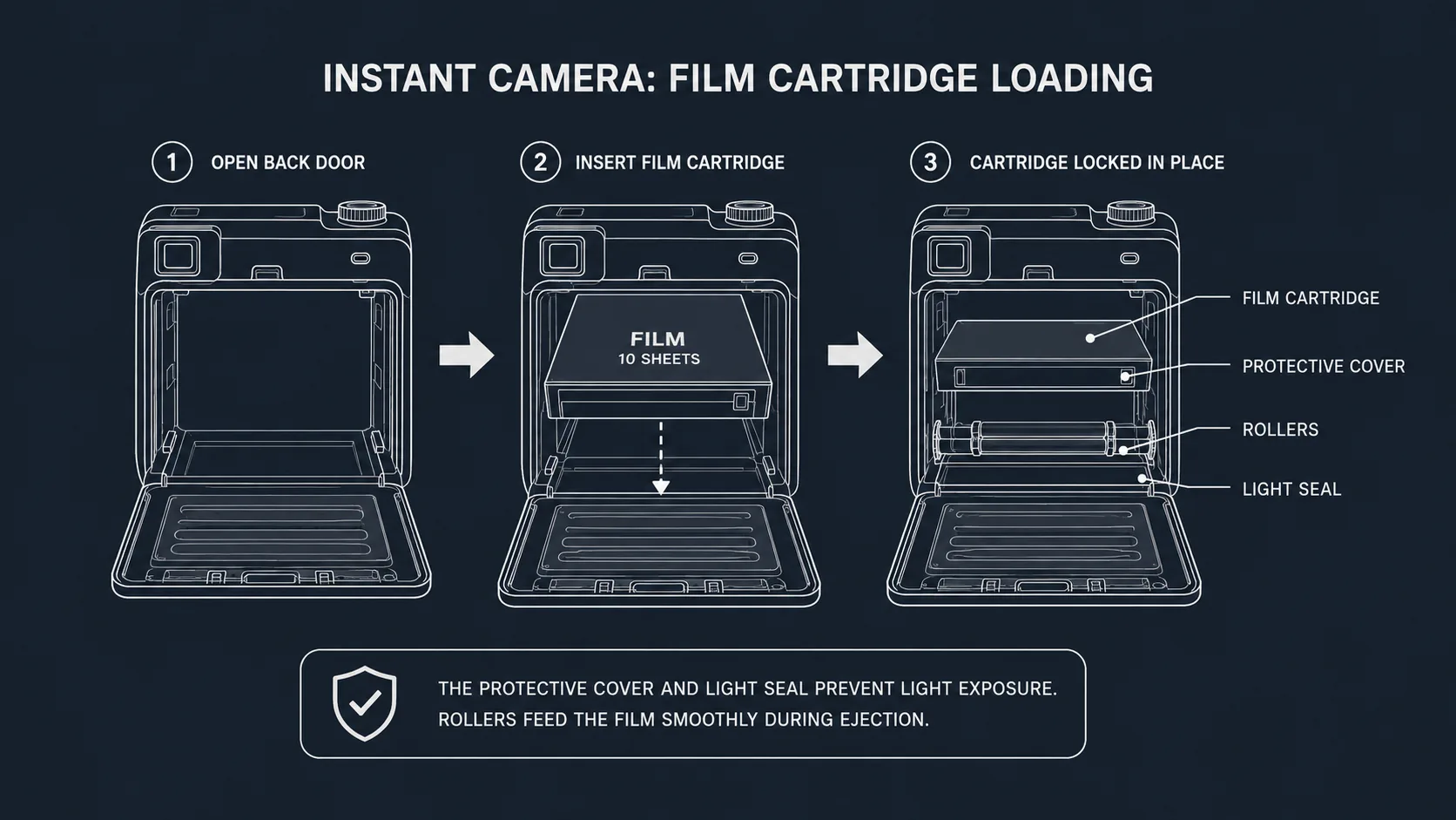 Diagram showing how to load film cartridges correctly into an instant camera.