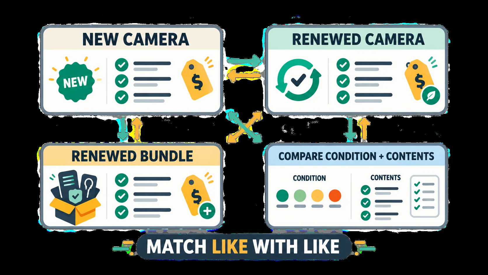 Diagram comparing new, renewed and bundled camera listing types