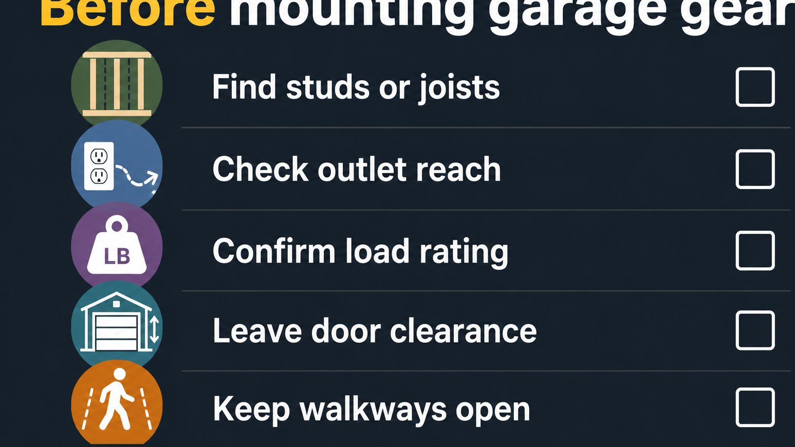 Checklist for mounting garage organisers safely