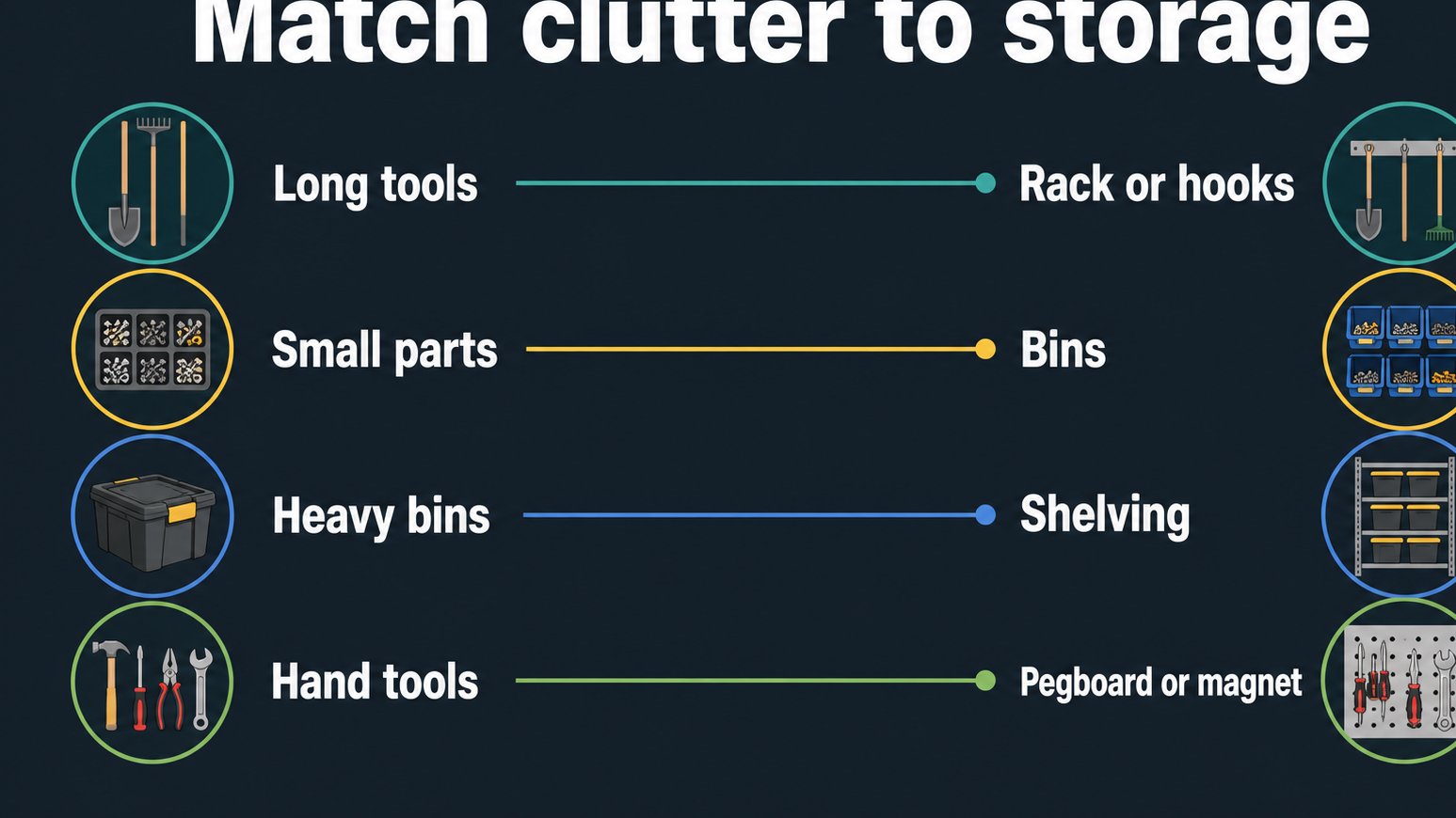 Storage matching diagram for common garage clutter