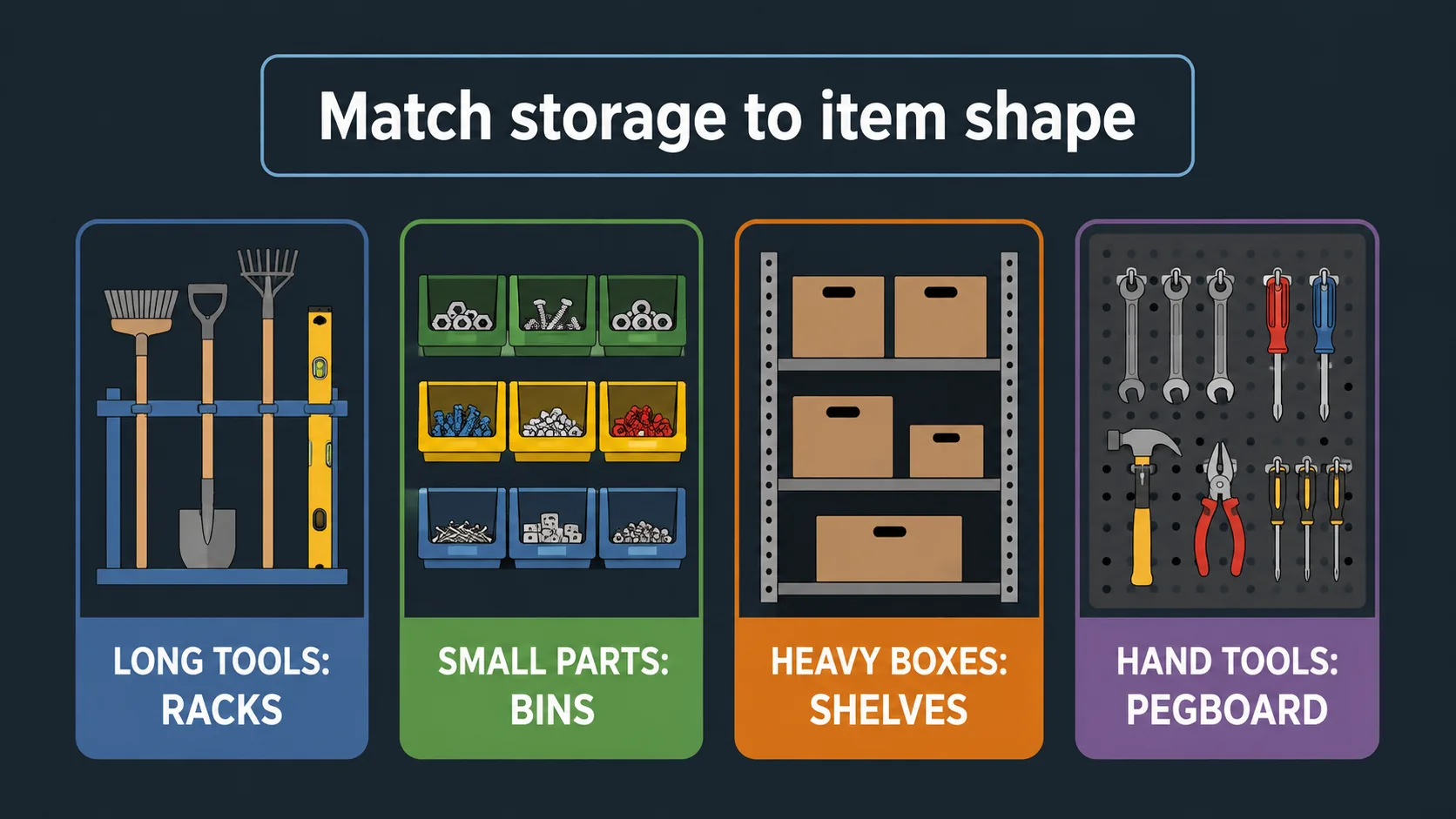 Diagram matching garage item shapes with suitable storage types