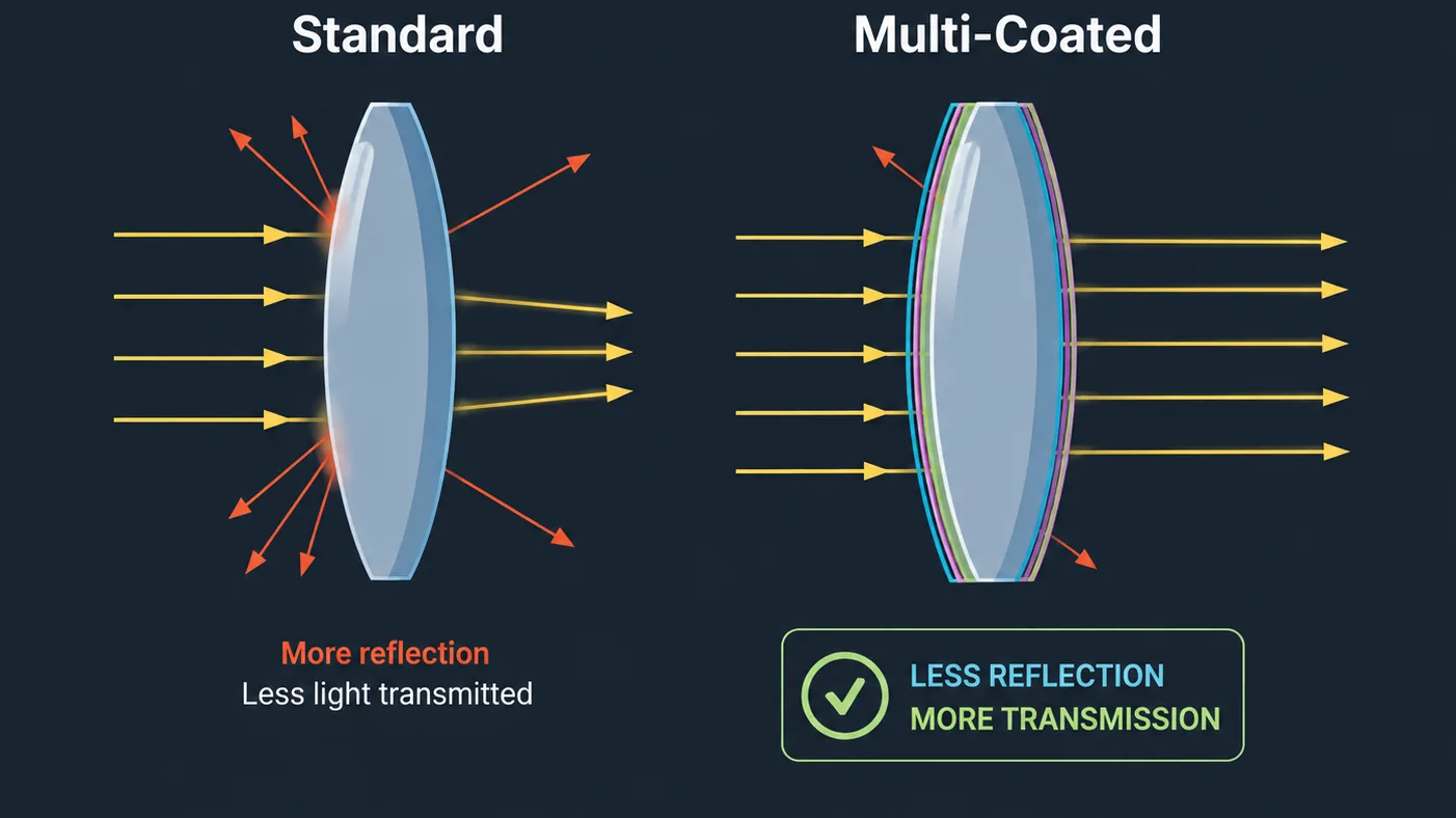 Diagram showing how lens coatings affect light transmission.