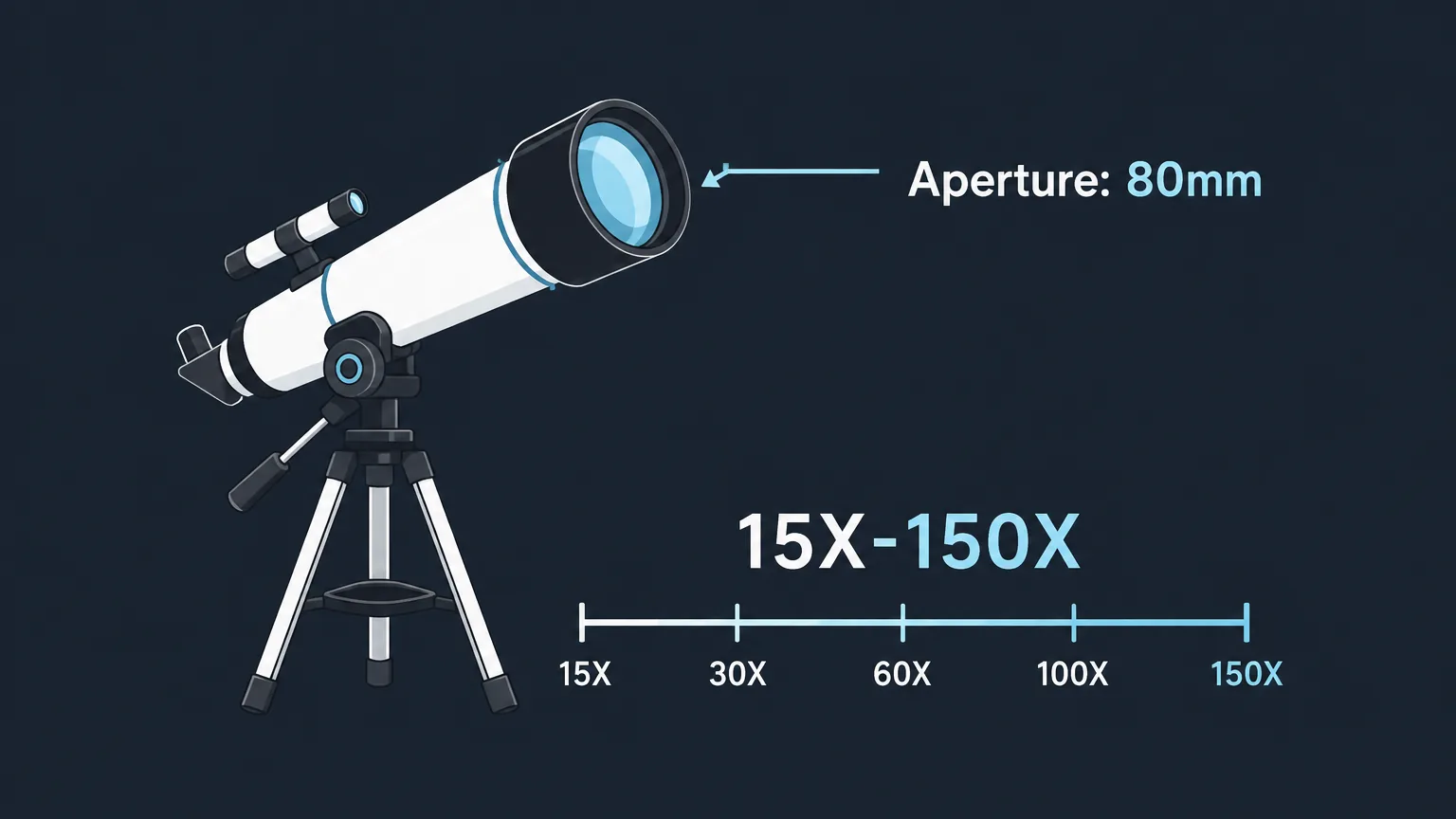 Graphic explaining telescope aperture and magnification specifications.