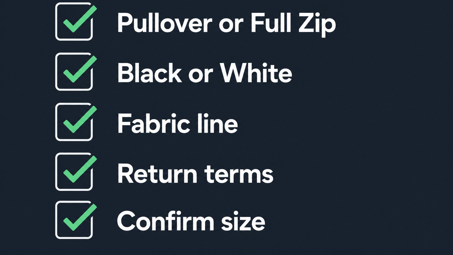 Checklist of hoodie details to confirm before checkout
