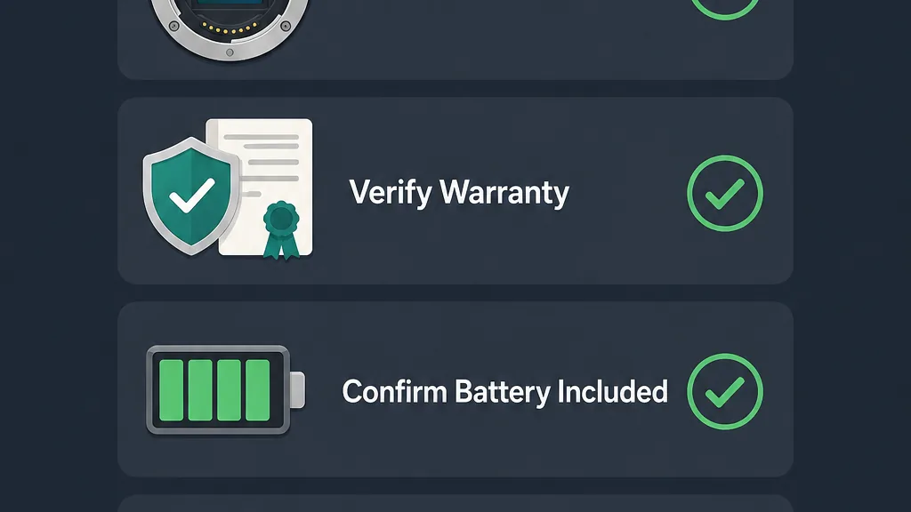 Checklist showing four important things to verify before buying a camera.