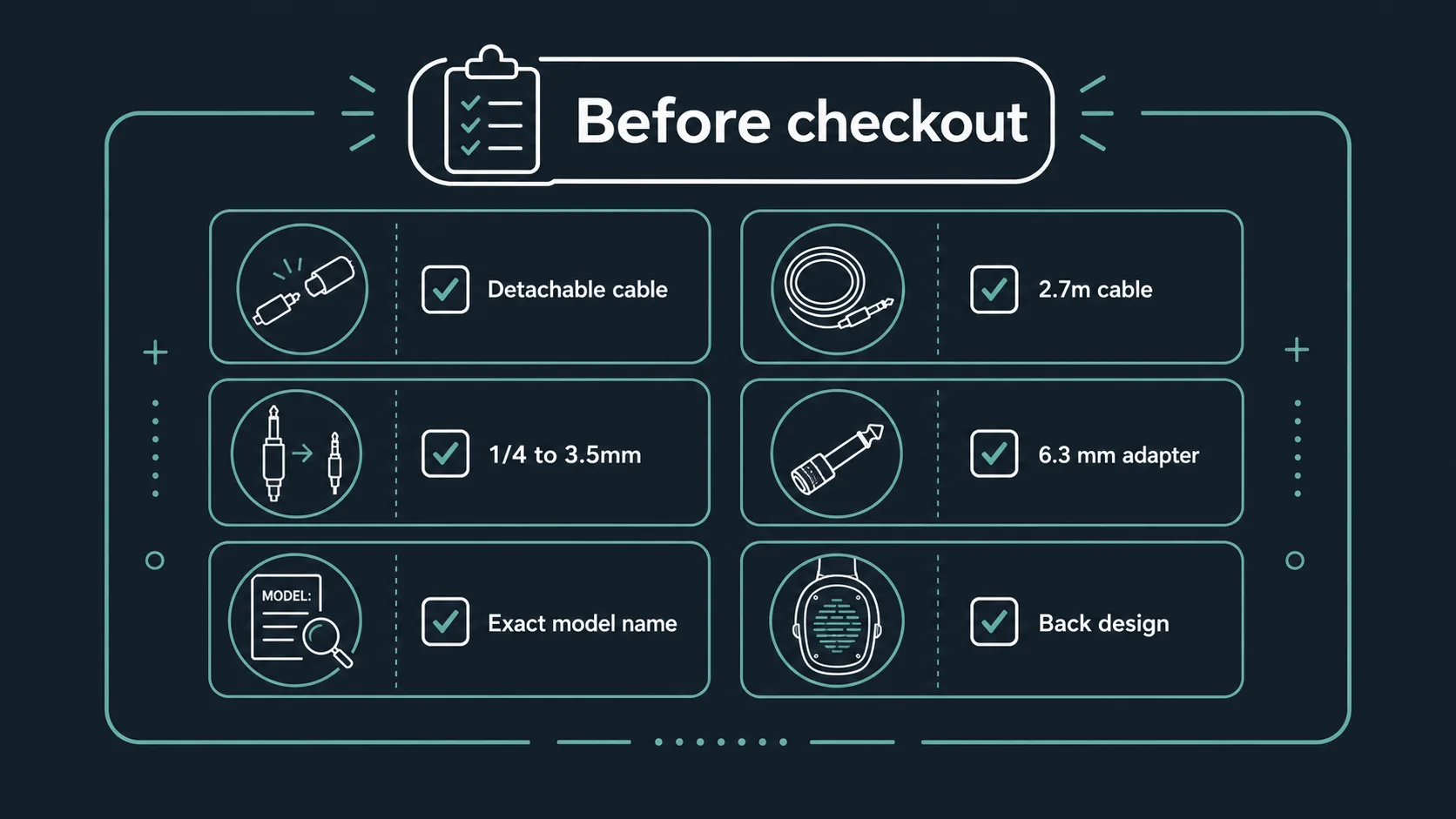 Checklist graphic for studio headphone cables and adapters