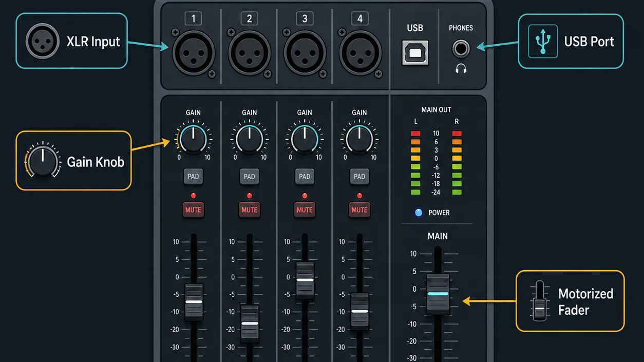 Infographic showing essential parts of a professional streaming audio mixer.
