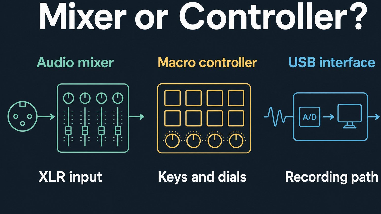 Diagram comparing mixers controllers and USB recording interfaces
