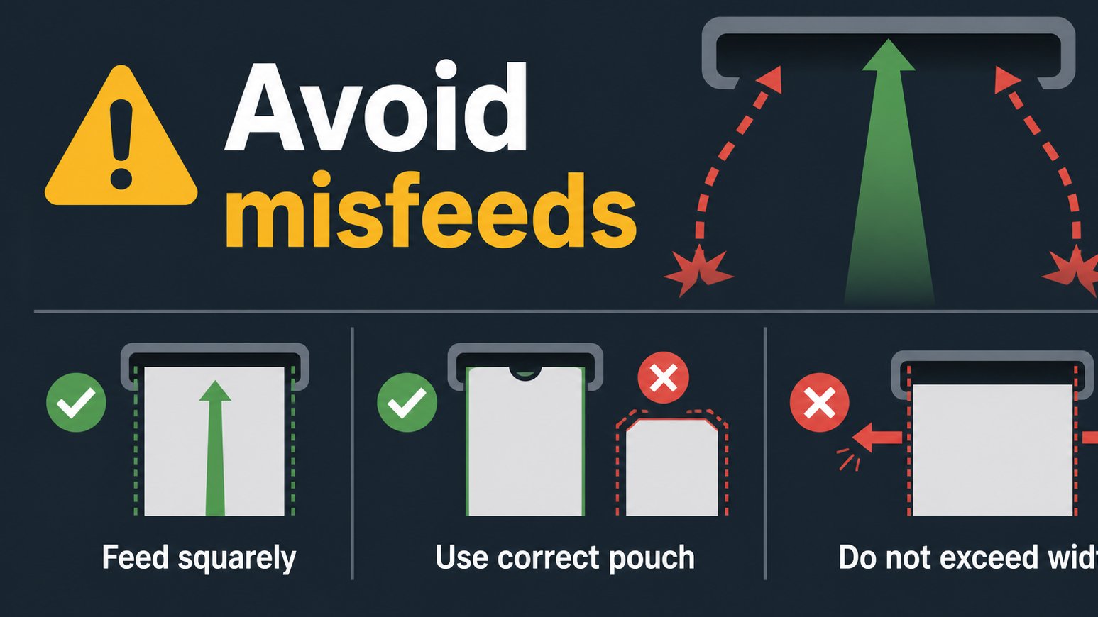 Diagram showing ways to reduce laminator misfeeds