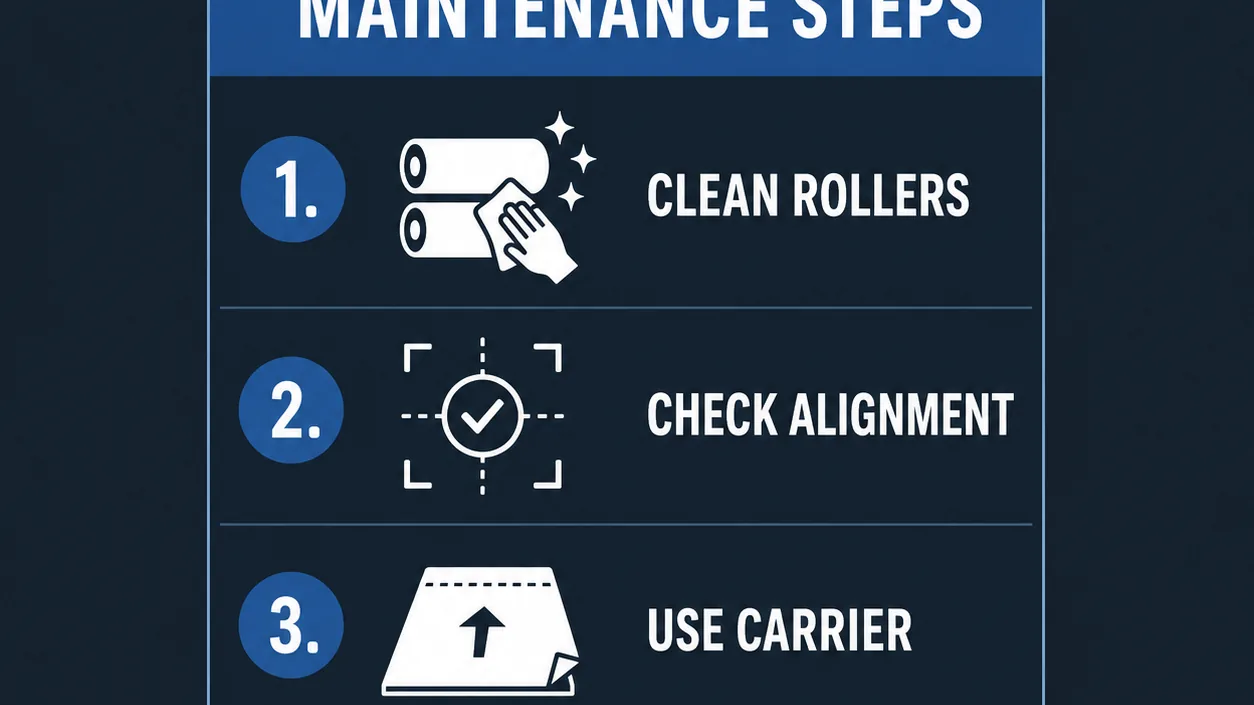 Checklist showing three essential maintenance steps for home laminators.