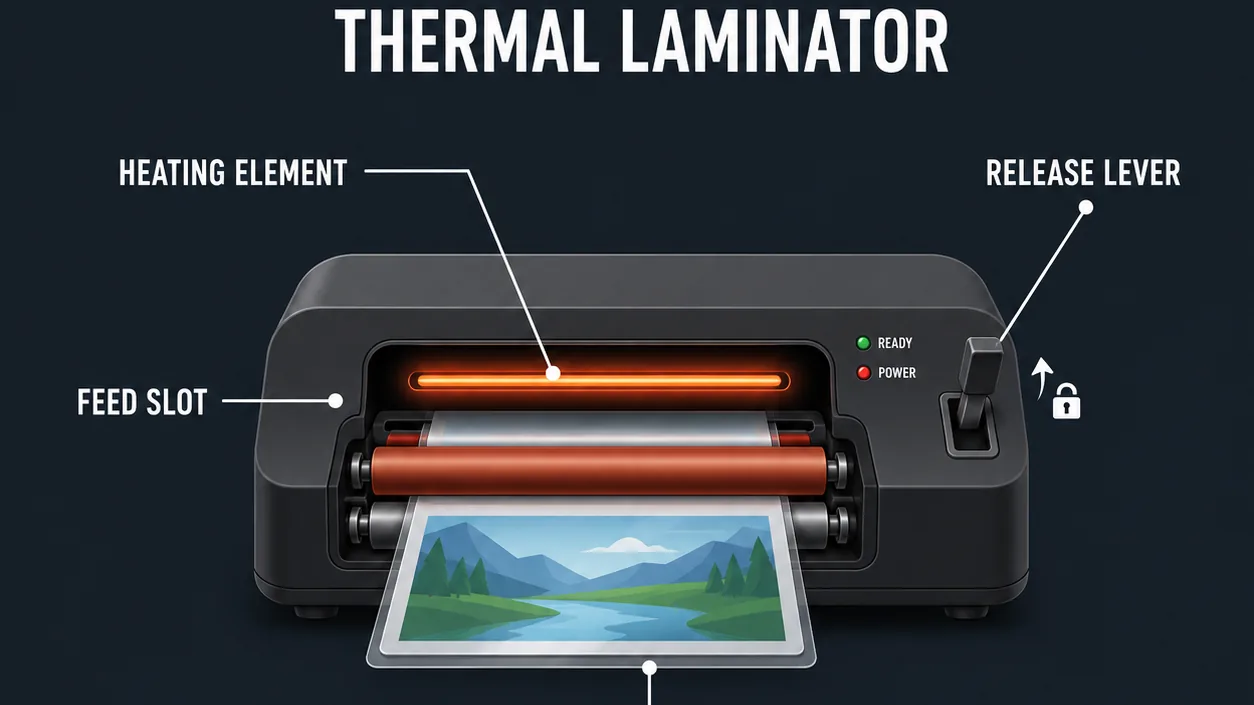 Infographic showing essential thermal laminator components and internal mechanisms.