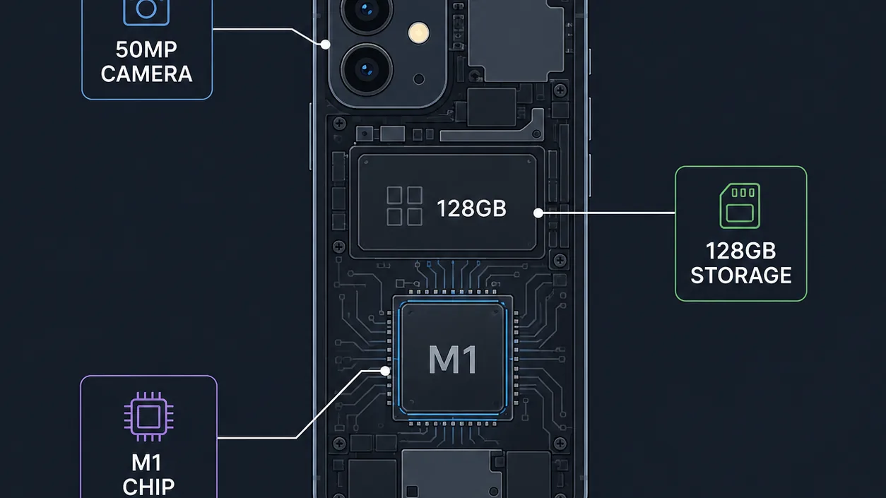 Infographic showing key technical specifications on a smartphone.