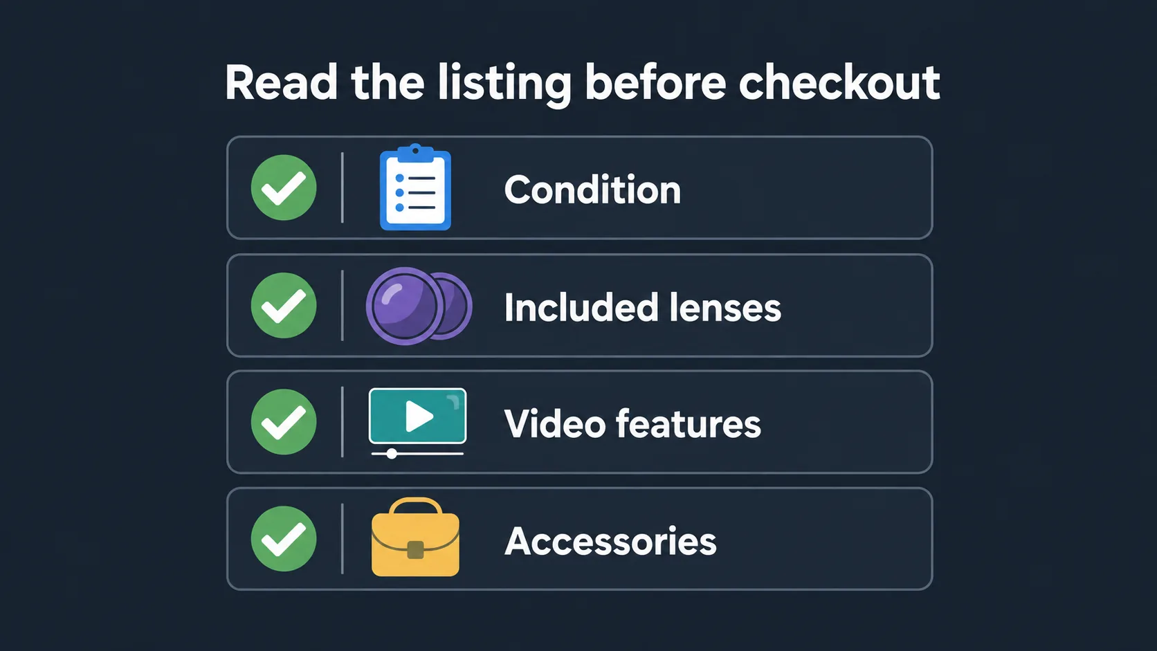 Checklist graphic for reading a mirrorless camera listing
