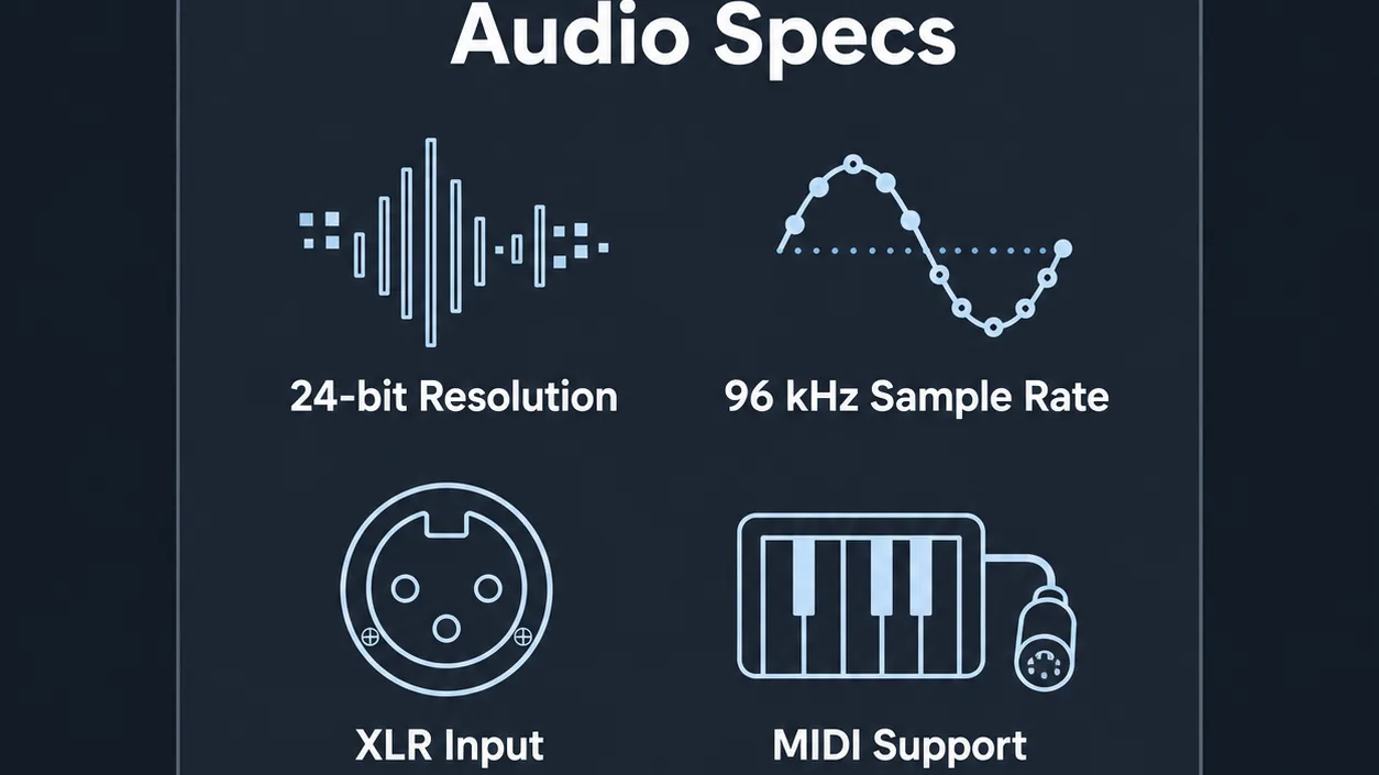 Infographic showing audio specification icons for studio gear.