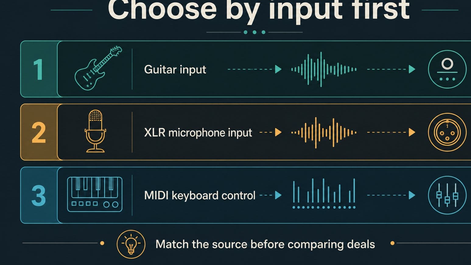 Diagram showing guitar, mic, and MIDI input choices