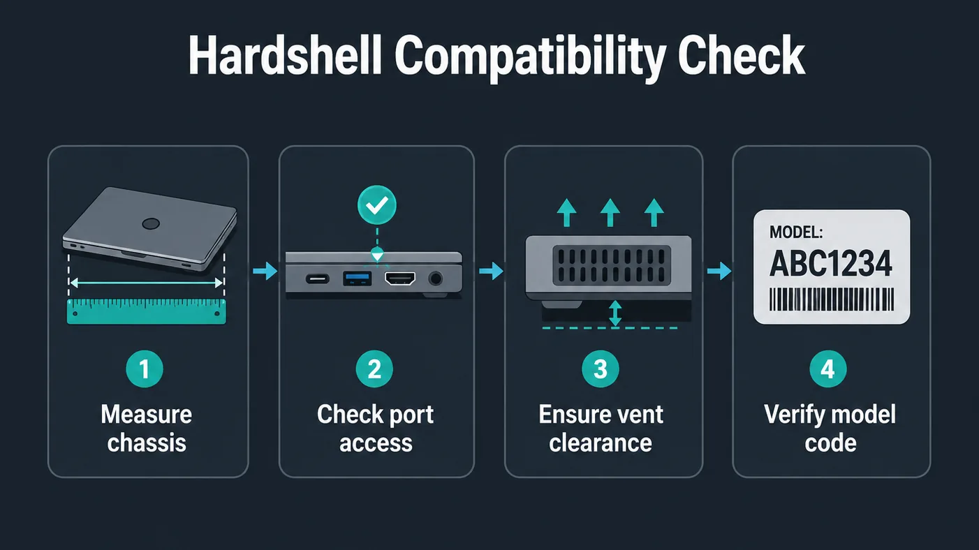 Infographic showing four steps to verify hardshell case compatibility.