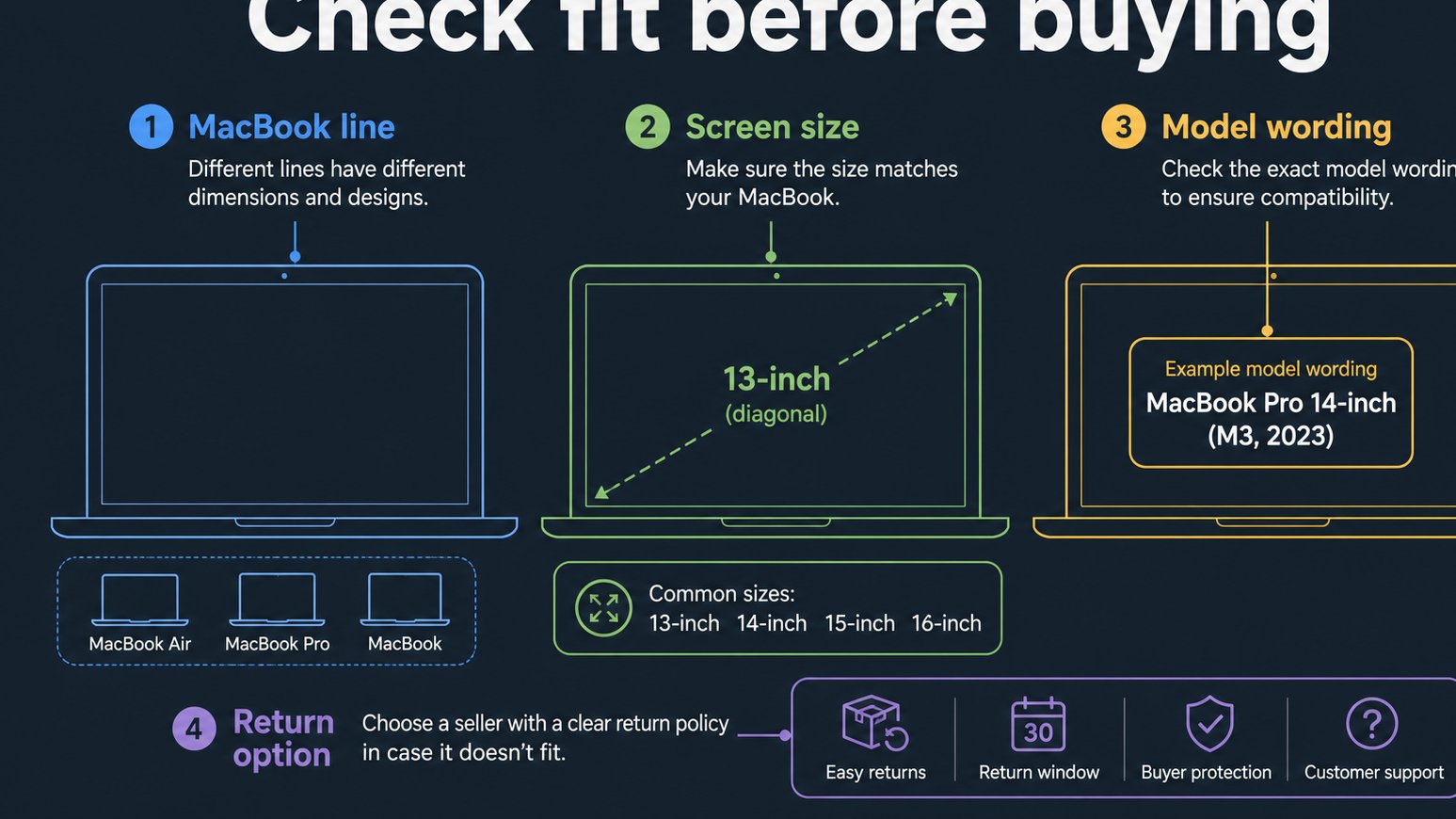 Infographic showing MacBook fit checks before buying cases