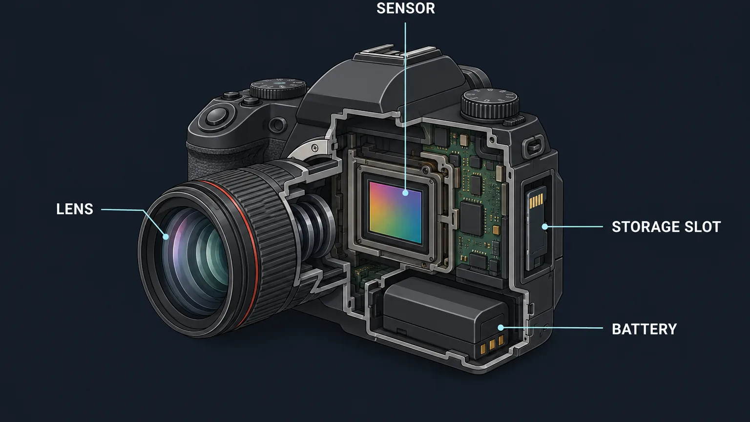 Diagram showing the key components of a professional digital camera.