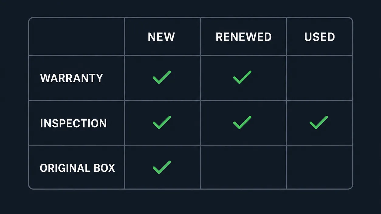 Checklist showing the differences between new and renewed camera conditions.