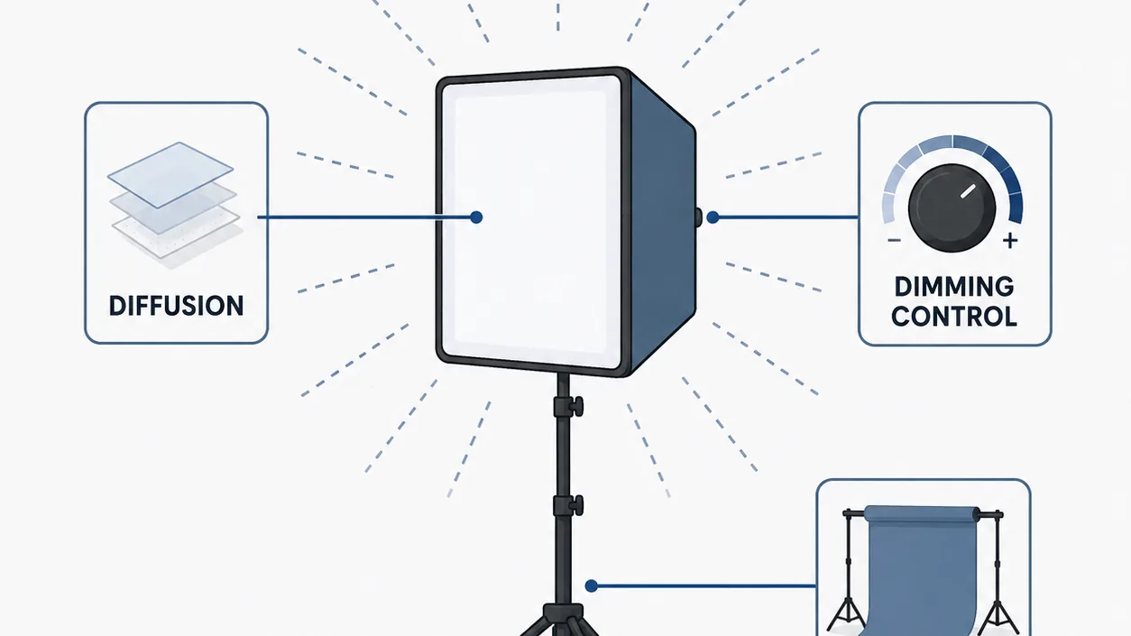 Infographic demonstrating essential lighting features in a photo box.
