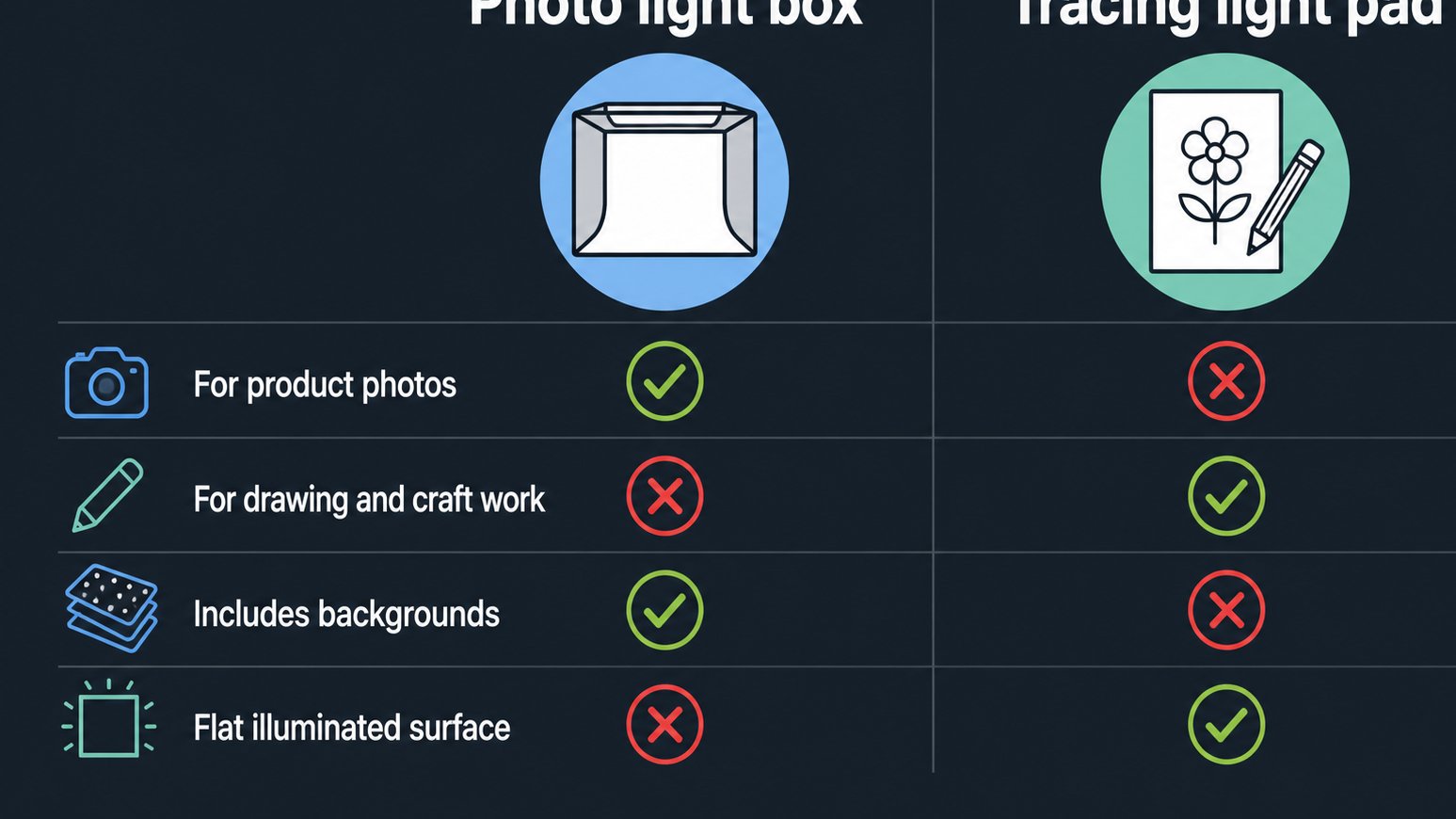 Comparison of photo light boxes and tracing light pads