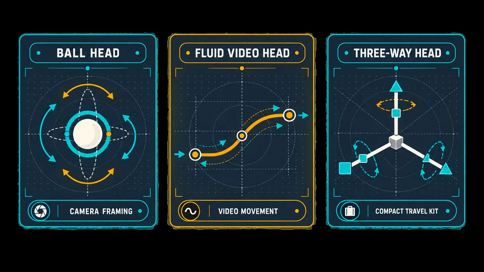 Diagram comparing ball, fluid video and three-way head styles