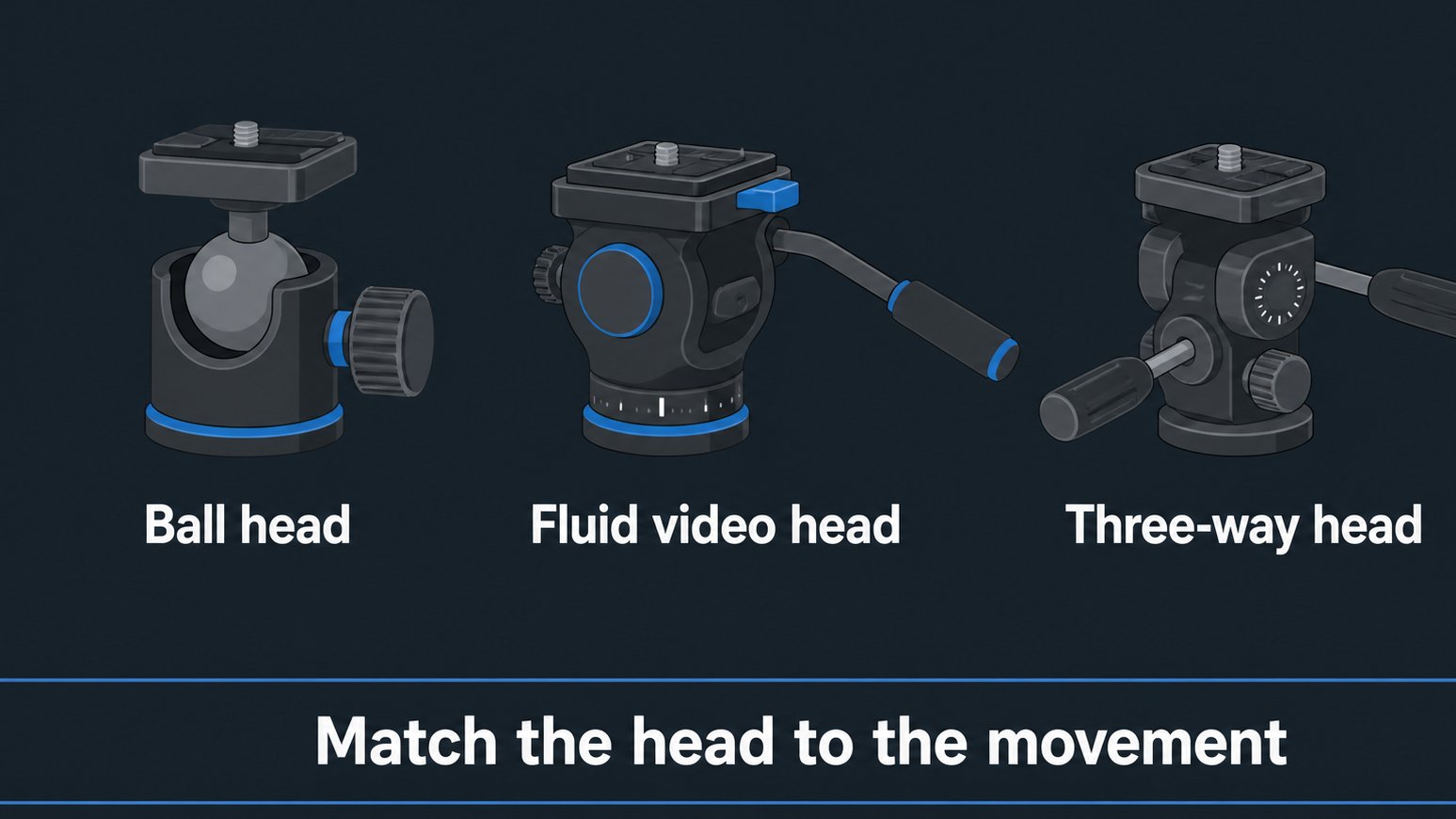 Diagram comparing ball, fluid, and three-way tripod heads