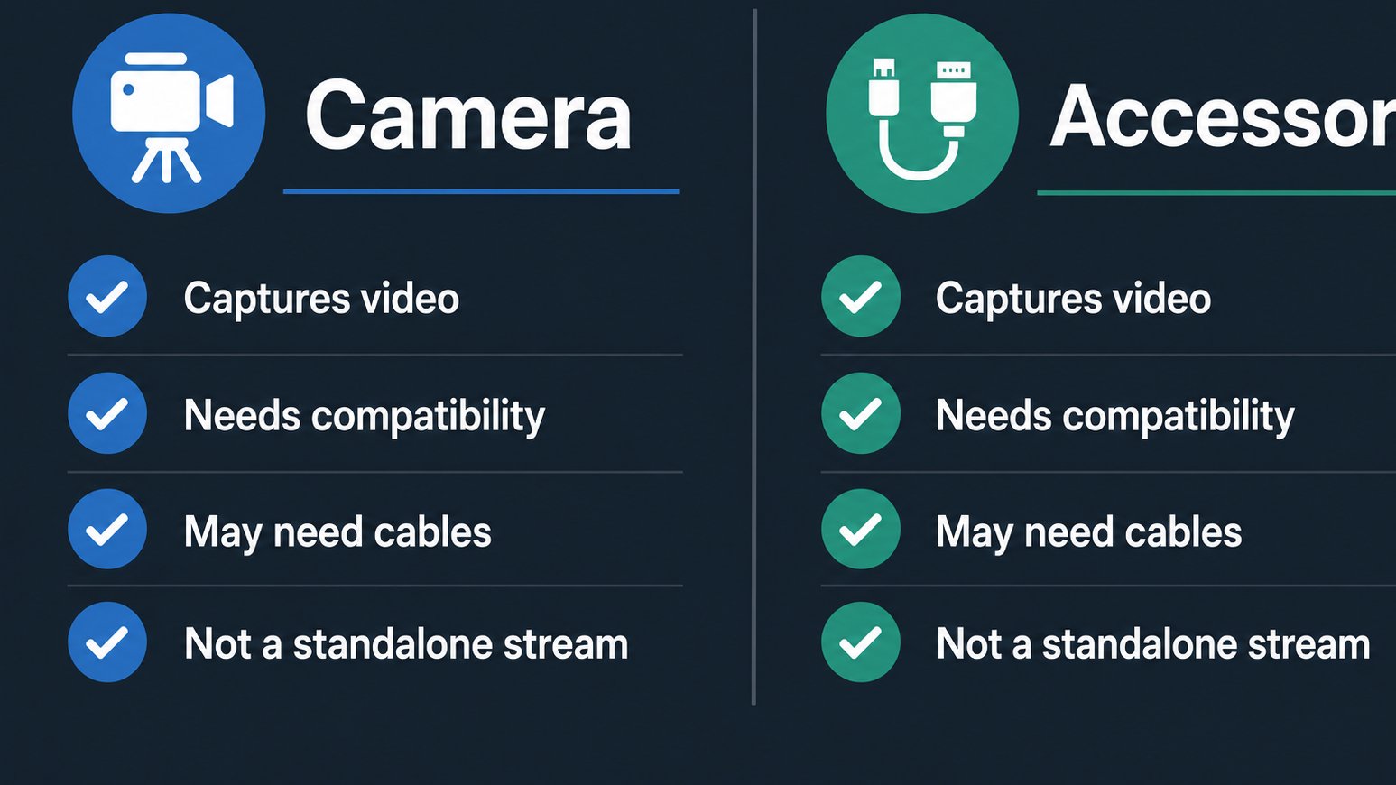 Checklist comparing a live streaming camera and an accessory