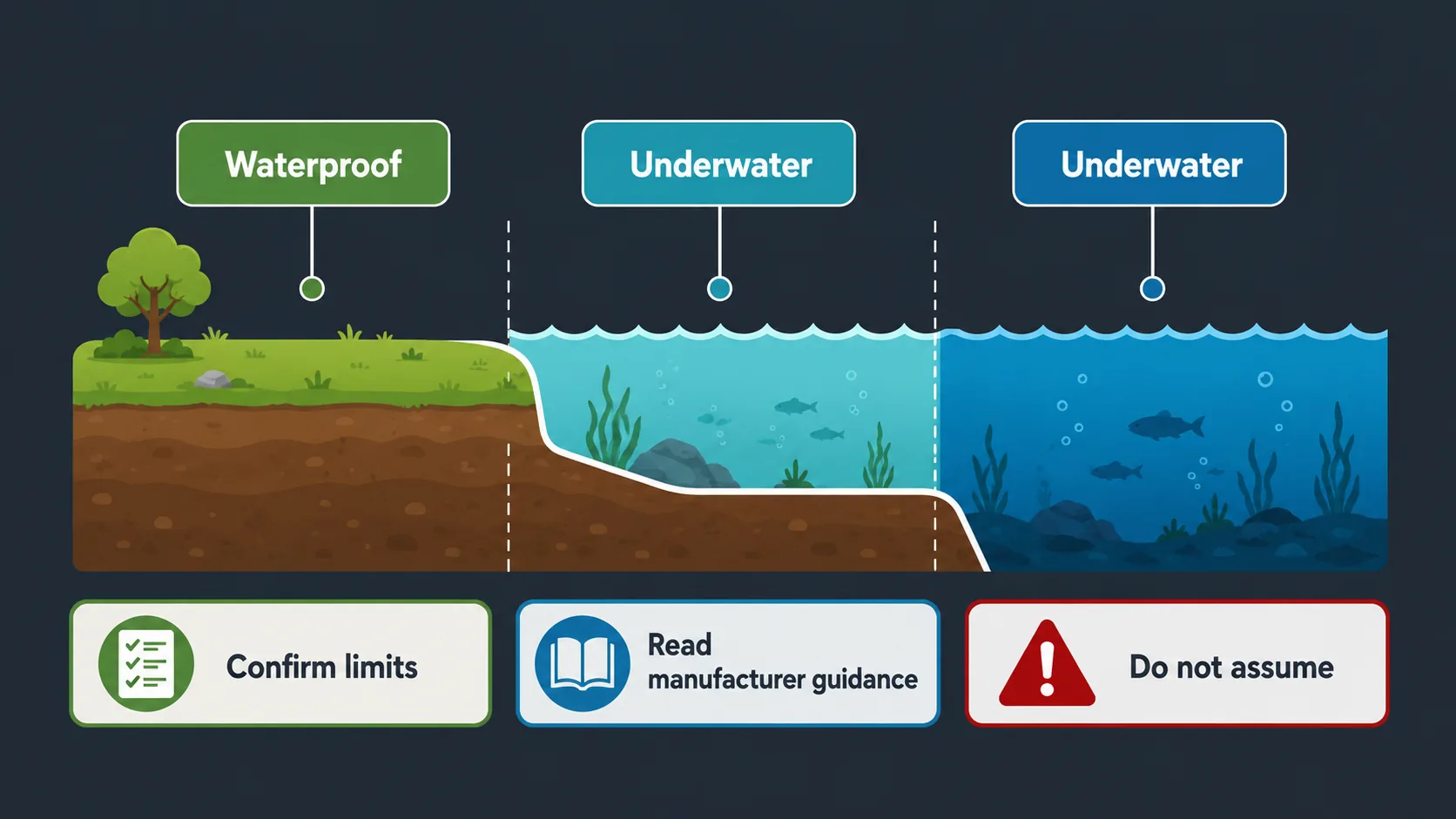 Diagram explaining waterproof and underwater listing wording