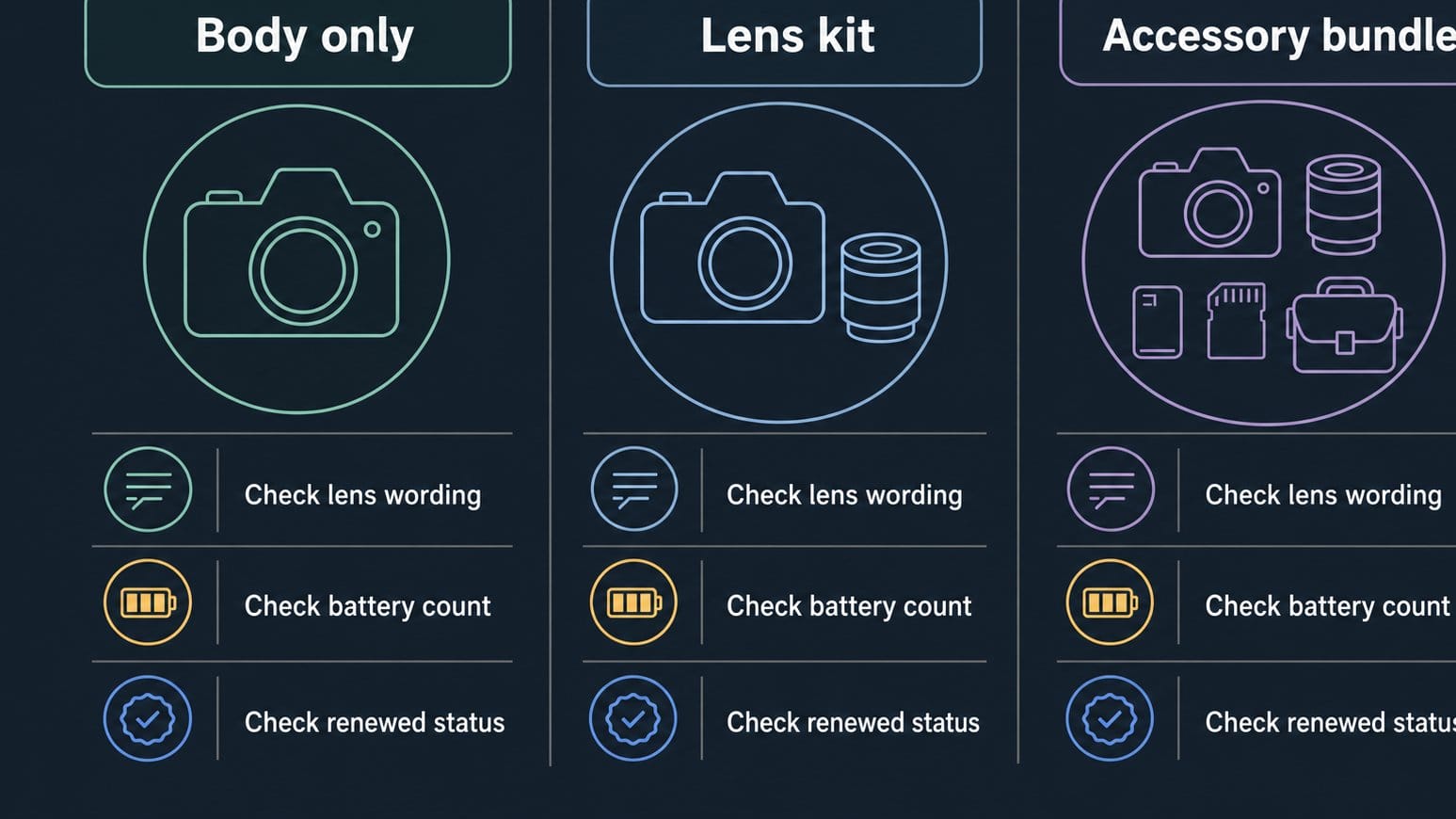 Graphic comparing camera body, lens kit and bundle choices