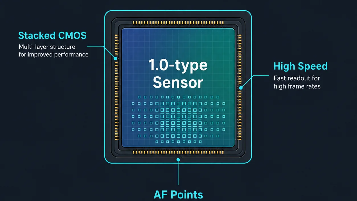 Infographic showing the components and advantages of a stacked CMOS sensor.